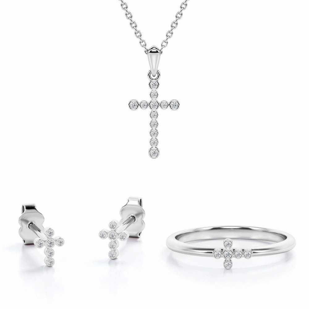 Beaded Bezel Jewelry Set 0.2 TCW Diamond with Crucifix Pendant, Earrings & Ring Best Seller