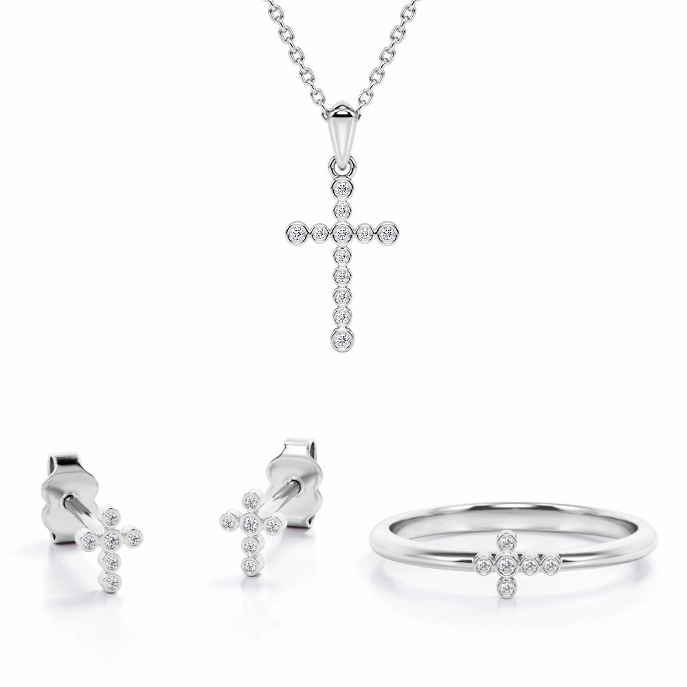 Beaded Bezel Jewelry Set 0.2 TCW Diamond with Crucifix Pendant, Earrings & Ring Balanced Finish Mother Daughter