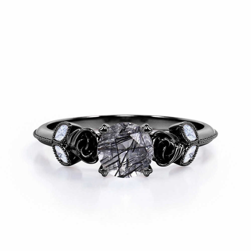 Beaded Flower 1.25 ct Round Black Rutilated Quartz Engagement Ring Creative Product