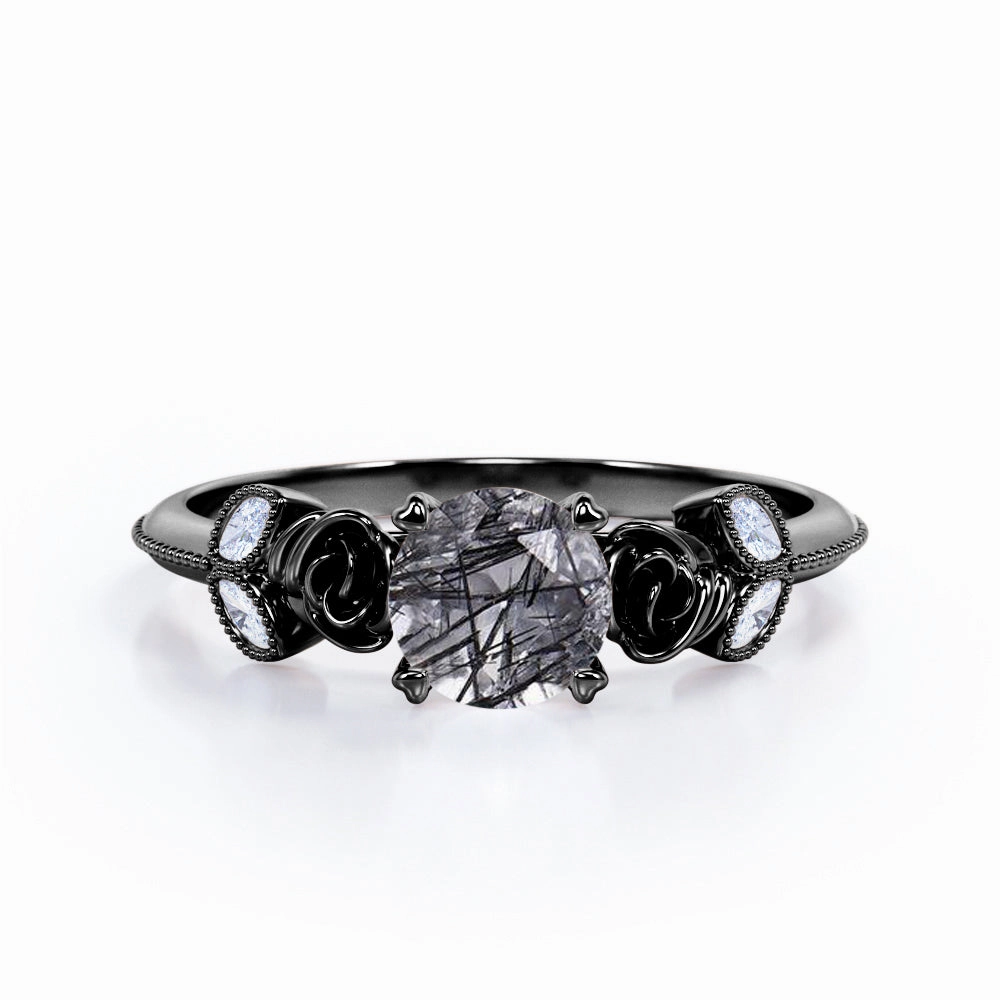 Gift Under 50 Beaded Flower 1.25 ct Round Black Rutilated Quartz Engagement Ring