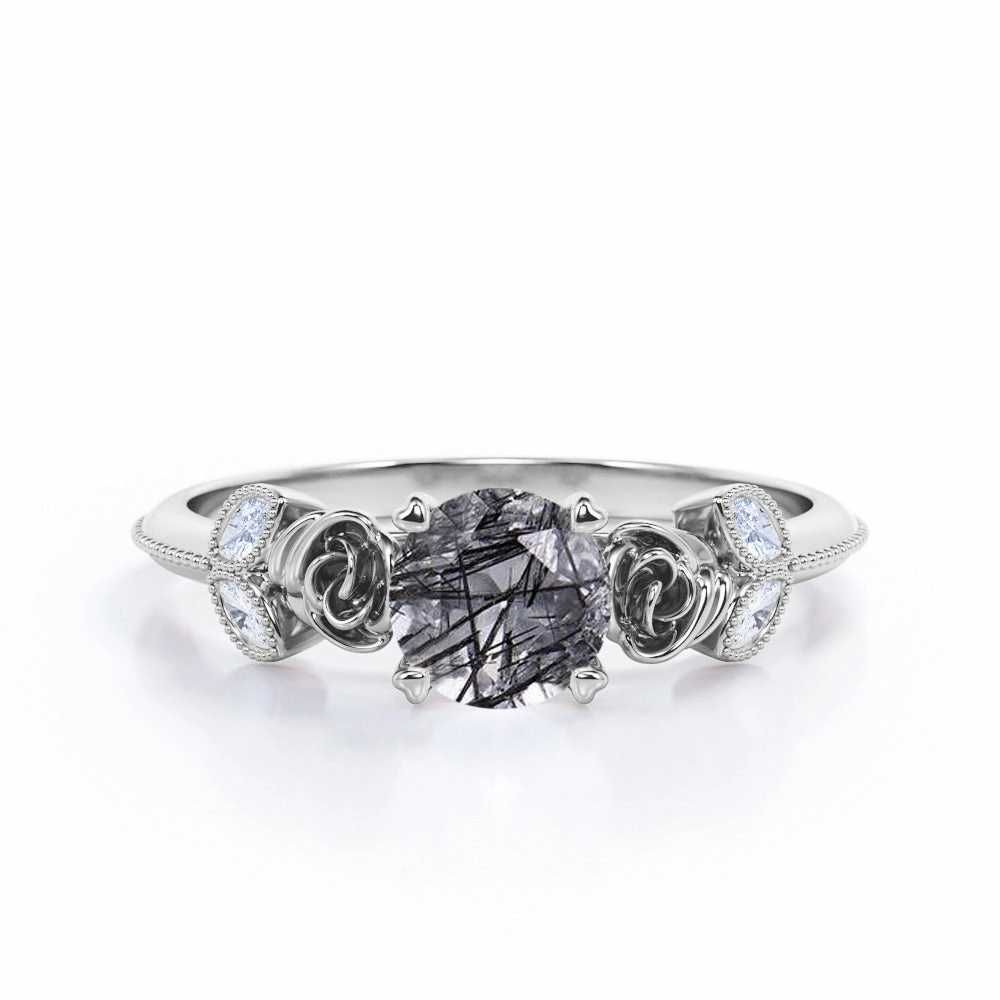 Creative Product Beaded Flower 1.25 ct Round Black Rutilated Quartz Engagement Ring