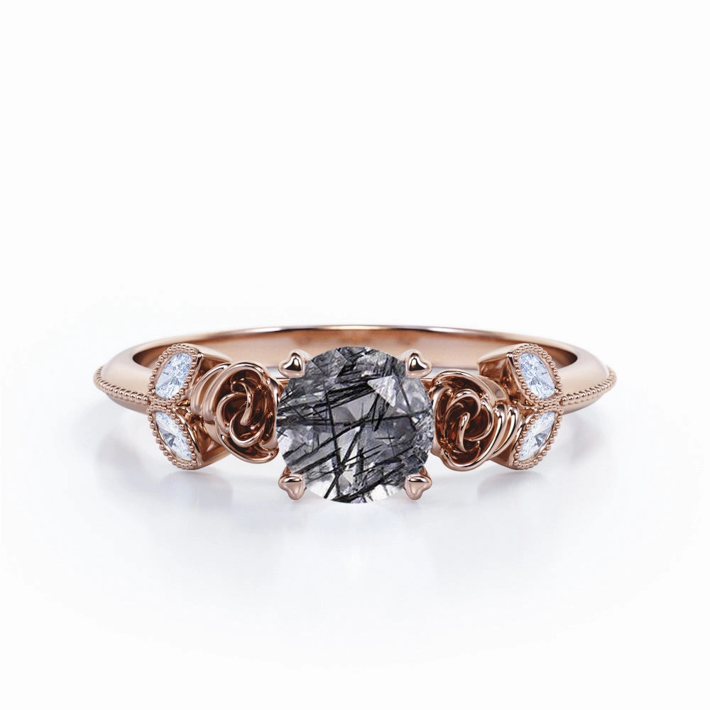 Affordable Art Beaded Flower 1.25 ct Round Black Rutilated Quartz Engagement Ring