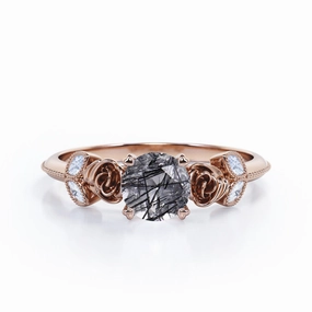 Heat resistant Beaded Flower 1.25 ct Round Black Rutilated Quartz Engagement Ring