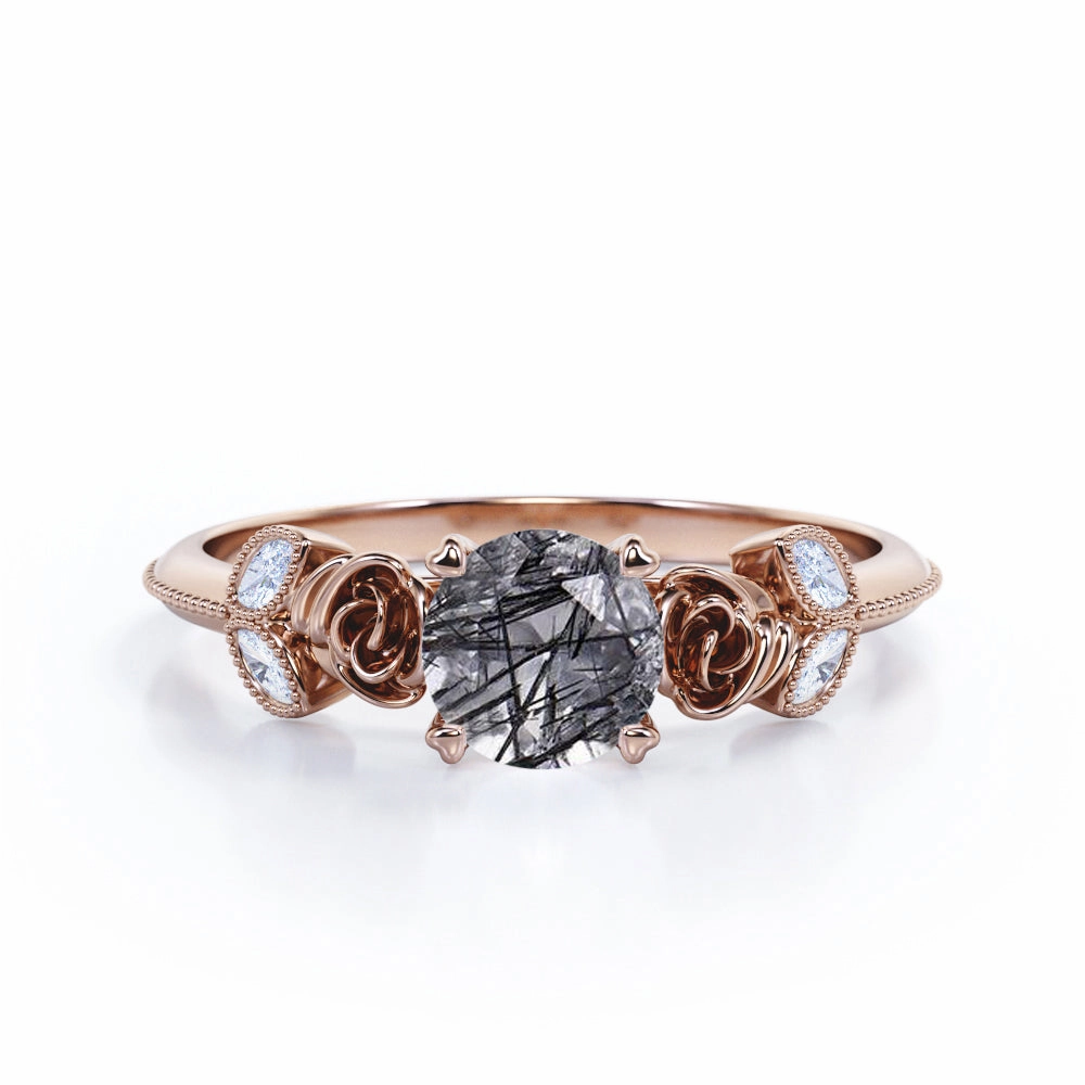 Heat resistant Beaded Flower 1.25 ct Round Black Rutilated Quartz Engagement Ring
