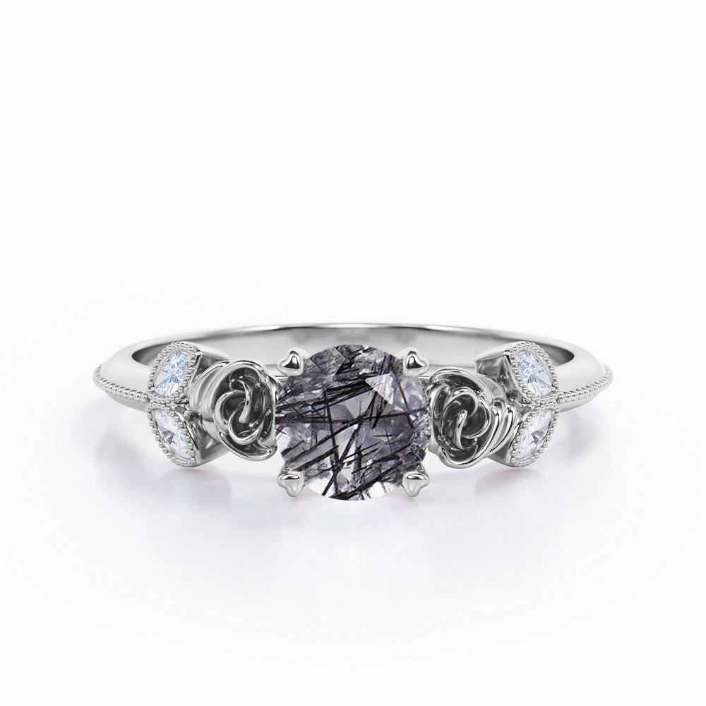 Chic Decoration Beaded Flower 1.25 ct Round Black Rutilated Quartz Engagement Ring