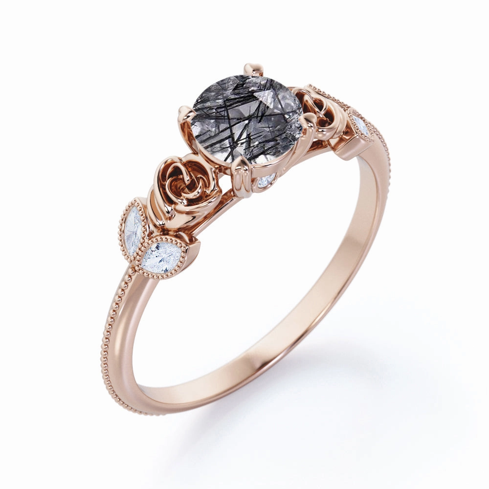 Beaded Flower 1.25 ct Round Black Rutilated Quartz Engagement Ring Festival Present