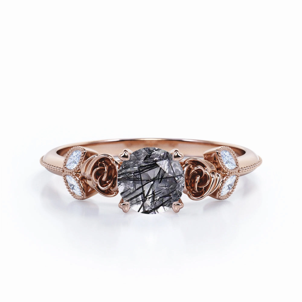 Beaded Flower 1.25 ct Round Black Rutilated Quartz Engagement Ring Sparkling Piece Future Use