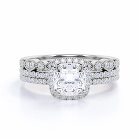 Personal Design Beautiful 1.75 Carat Real Moissanite Wedding Trio Ring Set with Engagement Ring and 2 Wedding Bands in 18k White Gold Over Silver