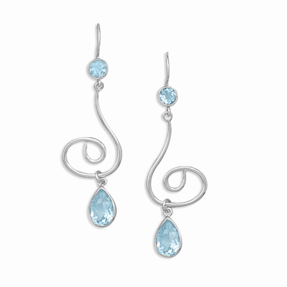 Blue Topaz Faceted Swirl Coil Design Sterling Silver Earrings Tiny Jewelry