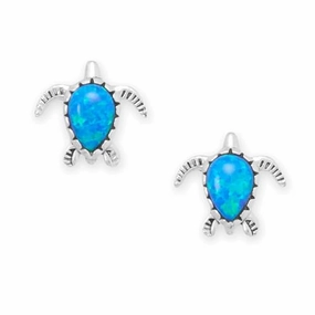 Stylish Detail Star-Shaped Ornament Turtle Stud Earrings Sterling Silver with Synthetic Blue Opal