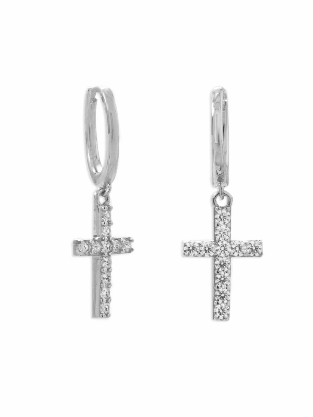 Rhodium-plated Sterling Silver Huggie Hoop Earrings with Dangle Cross Refined Look Modern feature