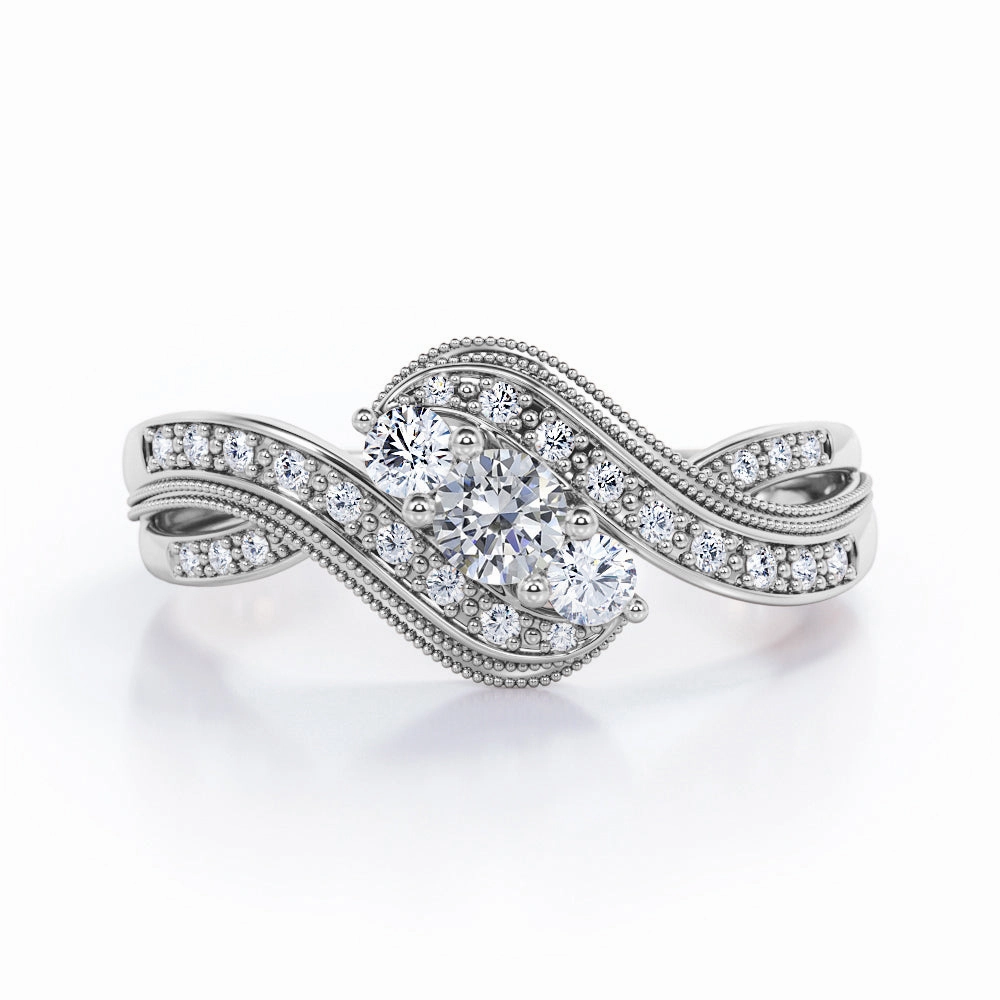 Infinity Pave-Channel 0.5 TCW Round Shape Diamond Three-Stone Milgrain Engagement Ring in 10K White Gold Effortless Fit