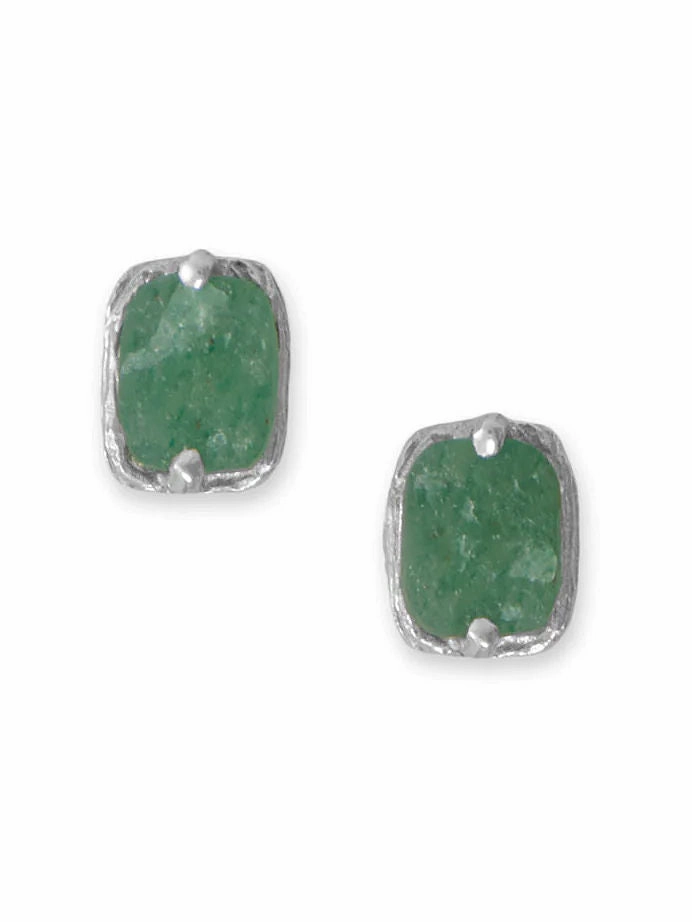 Lustrous Item Green Aventurine Stud Earrings Rectangle Shape Rhodium on Sterling Silver