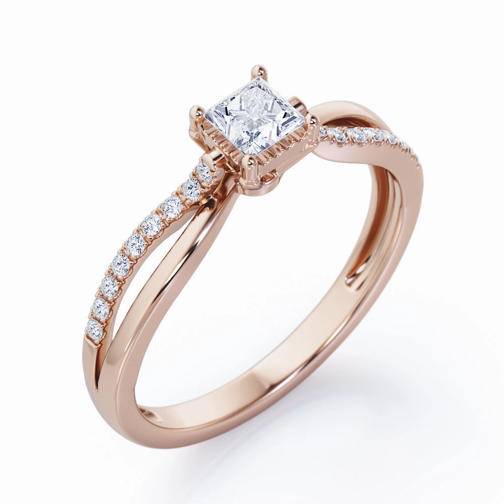 Twisted and Split Pinched Shank 0.65 carat Princess Diamond and Diamonds Elegant Engagement Ring in White Gold Creative Adornment