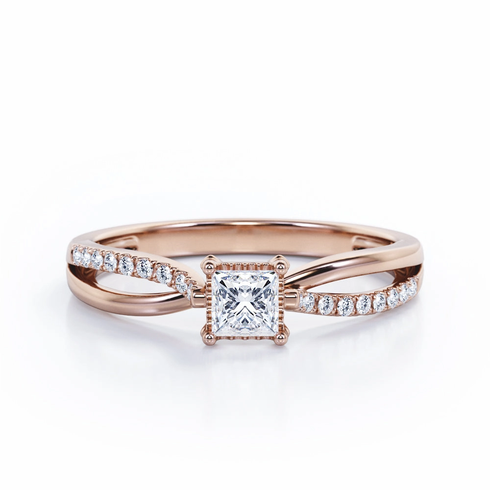 Etched Design Twisted and Split Pinched Shank 0.65 carat Princess Diamond and Diamonds Elegant Engagement Ring in White Gold