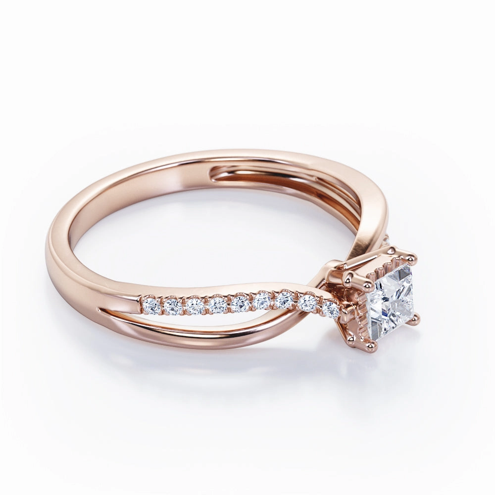 Twisted and Split Pinched Shank 0.65 carat Princess Diamond and Diamonds Elegant Engagement Ring in White Gold Day Out Glittery Accent