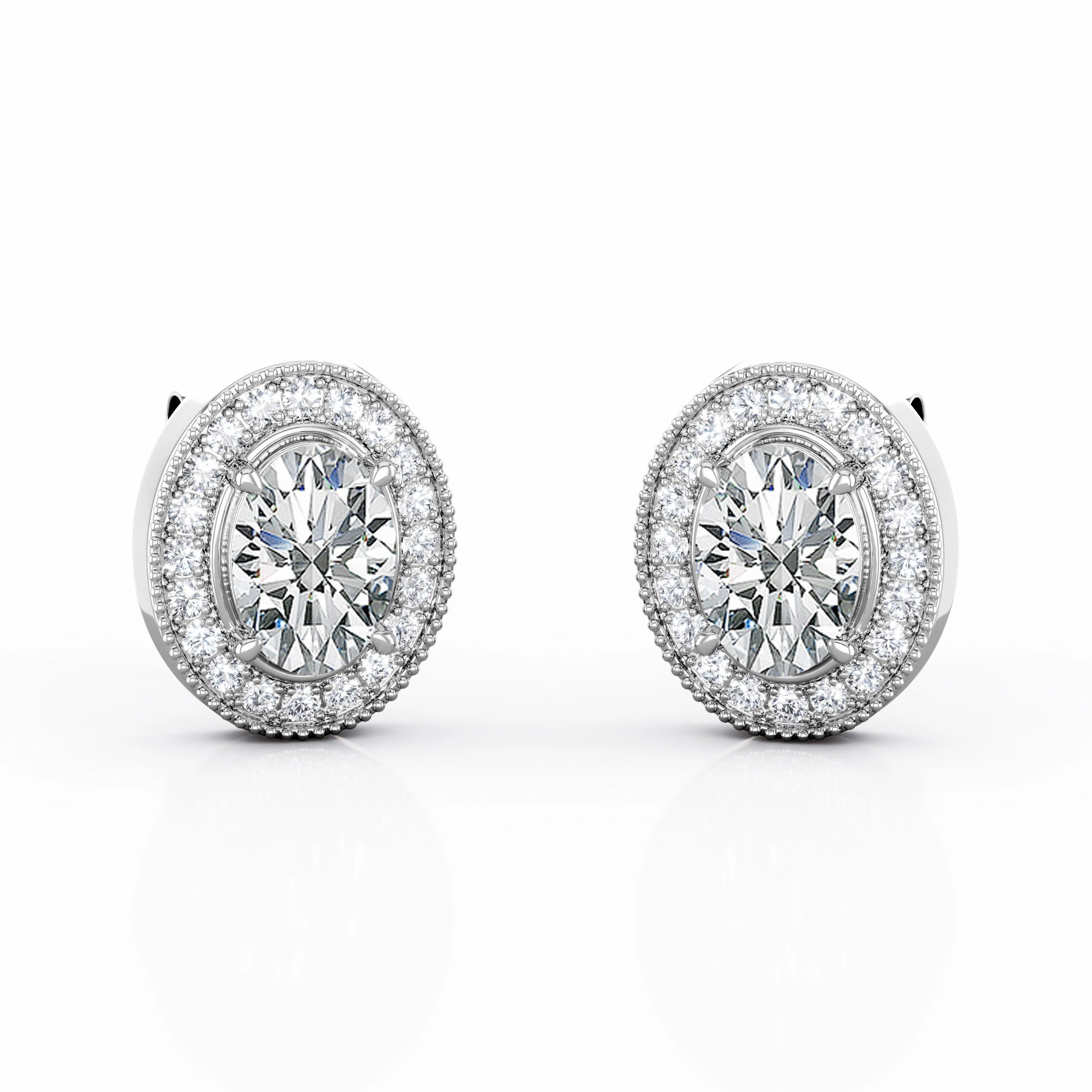 Milgrain 4 Claw 1.10 Carat Oval Cut Certified Moissanite and Diamond Surface Prong Pave Stud Earrings in White Gold Glittering Element