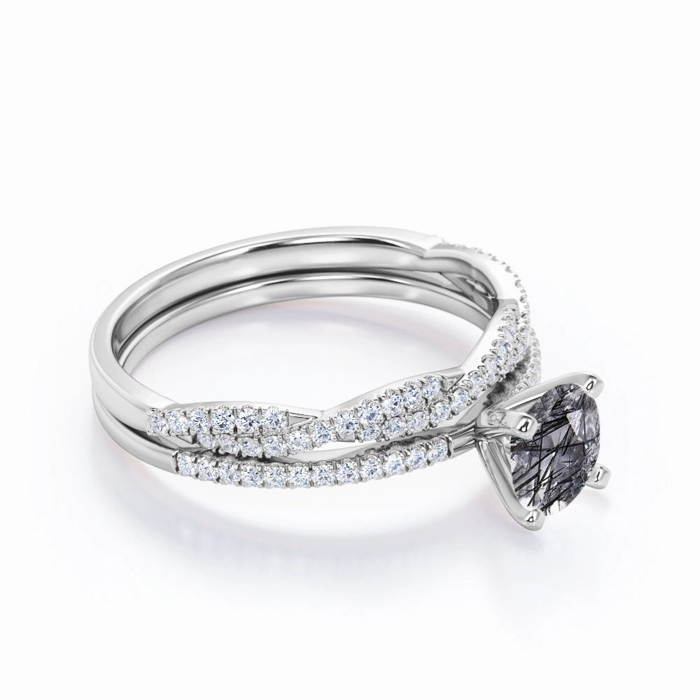 Twisted 1.50 ct Round Black Rutilated Quartz Infinity Style Bridal Set Contemporary Use Artisan Style