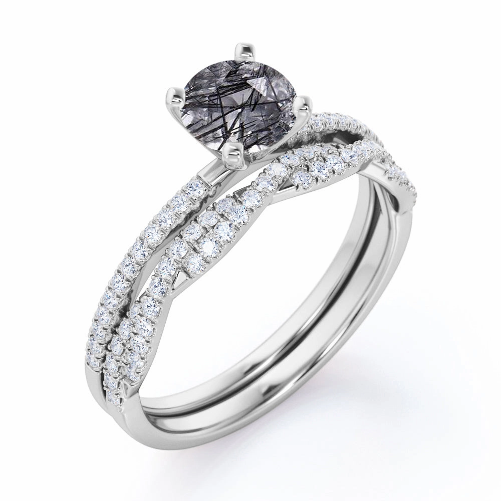Twisted 1.50 ct Round Black Rutilated Quartz Infinity Style Bridal Set Secure Piece