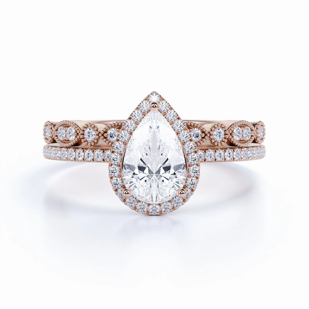 Luxury Art Robust Style 1.75 Carat pear cut Moissanite and Diamond Wedding Ring Set in 10k Rose Gold