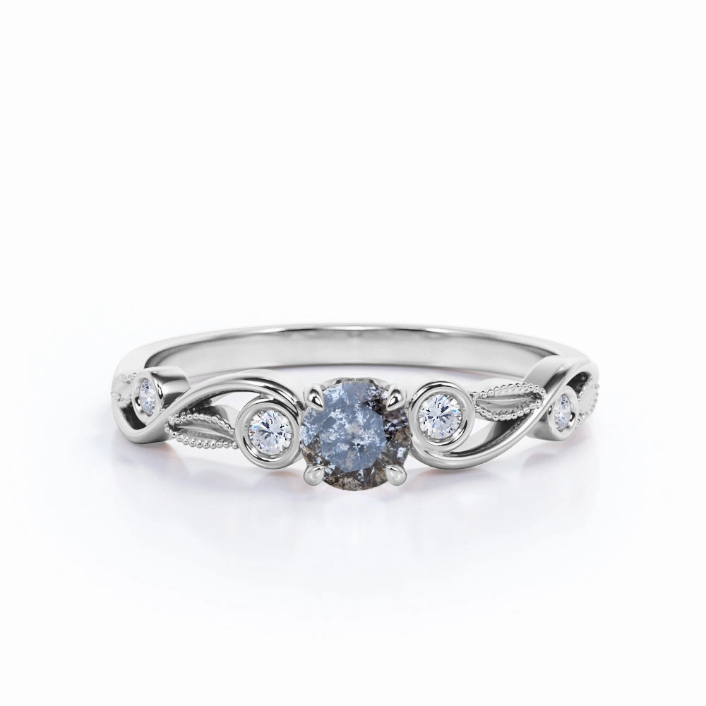 Vintage Emblem Budget Friendly Bezel 0.75 Ct Round Salt and Pepper Diamond Engagement Ring