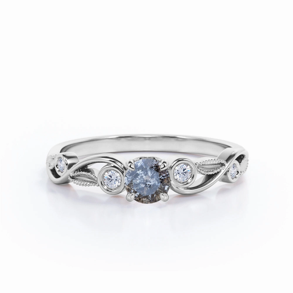 Bezel 0.75 Ct Round Salt and Pepper Diamond Engagement Ring Tough Build Excellent Decoration