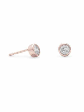Stylish Selection Bezel Cubic Zirconia Stud Earrings Rose Gold-plated Sterling Silver 4mm