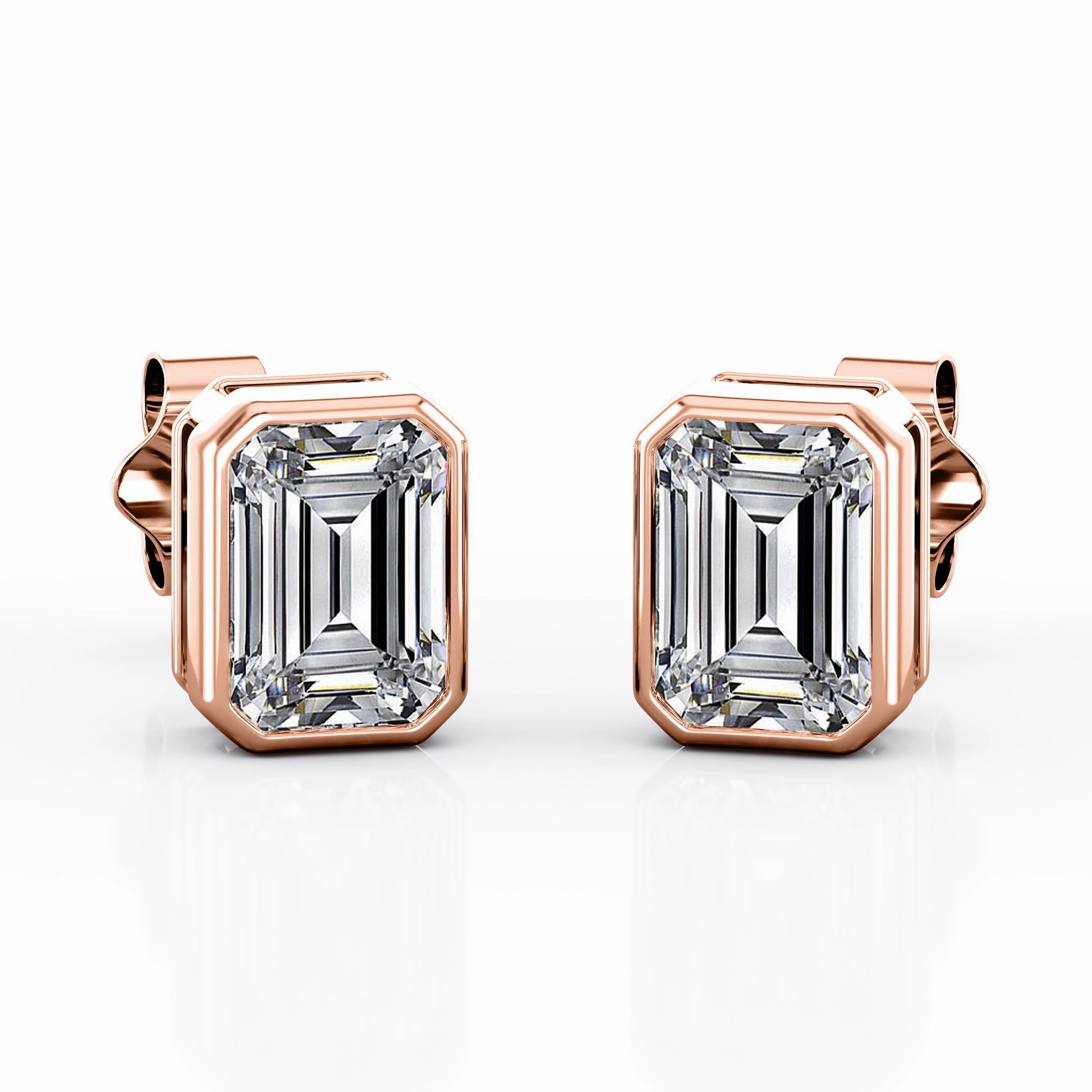 Glossy Embellishment Bezel Setting 1 Carat Emerald Cut Certified Moissanite Vintage Stud Earrings in Rose Gold