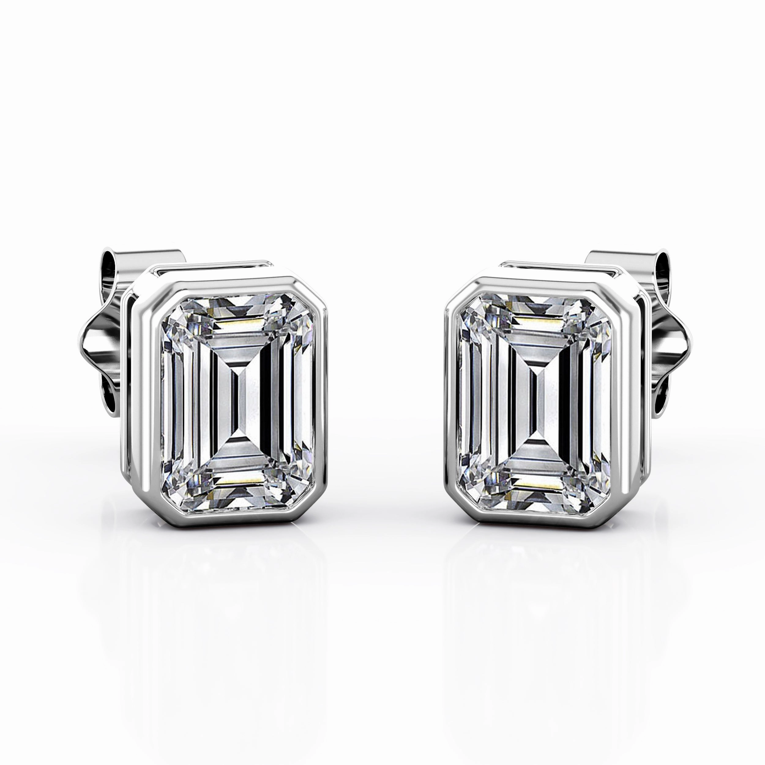 Glittering Decor Bezel Setting 1 Carat Emerald Cut Certified Moissanite Vintage Stud Earrings in Rose Gold