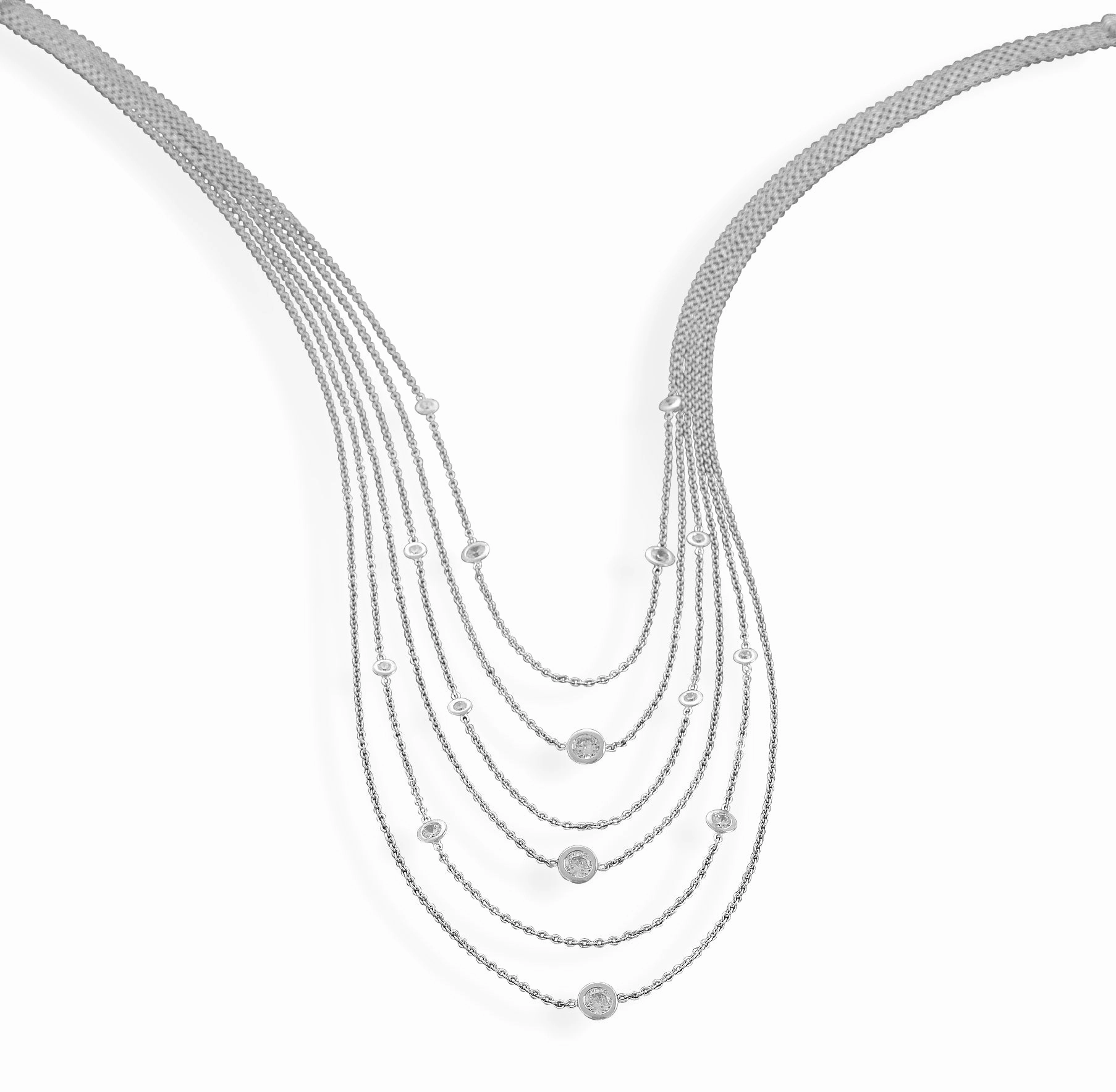 Bib Necklace 6-Strand Graduated Cubic Zirconia Station Rhodium over Sterling Silver Stylish Adornment Daily Style