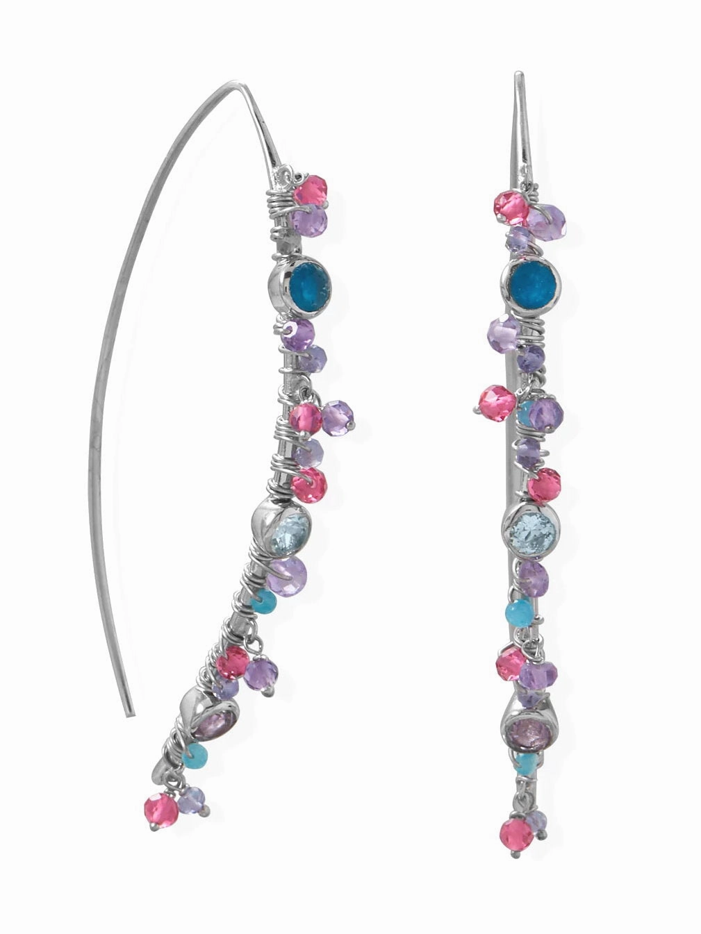 Marquis Wire Beaded Earrings Rhodium on Sterling Silver with Multicolor Stones Substantial Trinket