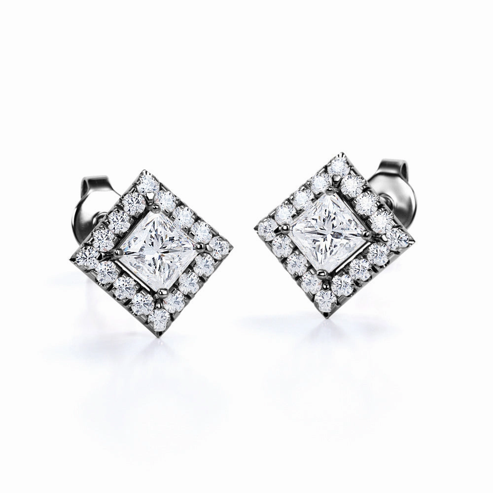 Bezel 4 Prong 0.43 CT TDW Princess Cut Natural Diamond Pave Set Stud Earrings in White Gold Sophisticated product