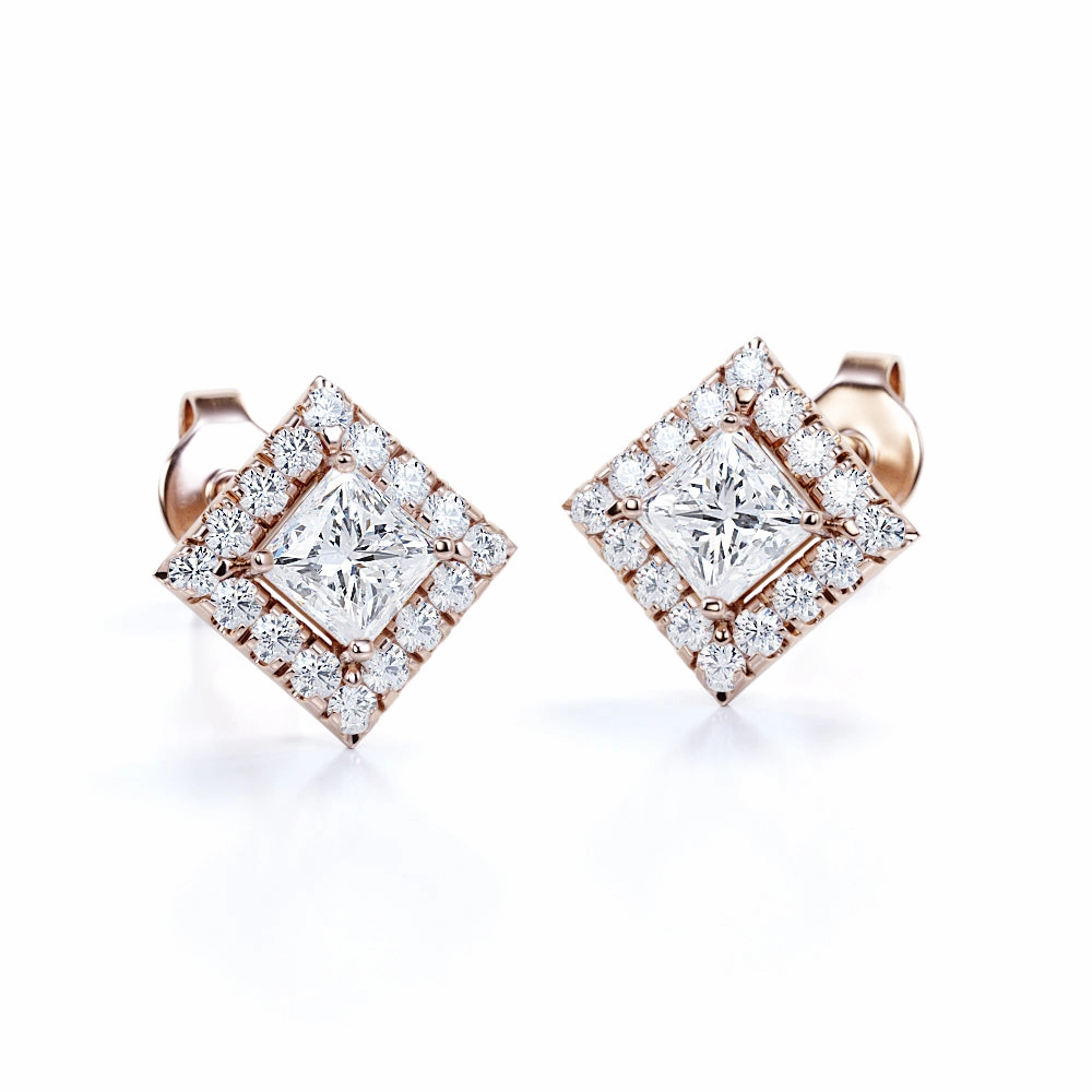 Bezel 4 Prong 0.43 CT TDW Princess Cut Natural Diamond Pave Set Stud Earrings in White Gold Pastel Item Sparkling Accent