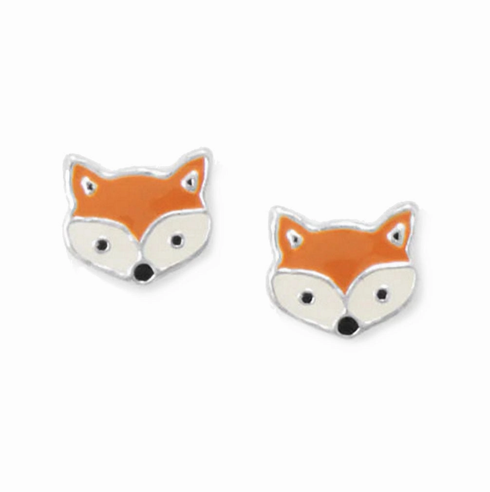 Fox Face Small Stud Earrings Sterling Silver and Enamel Childrens Daily Item
