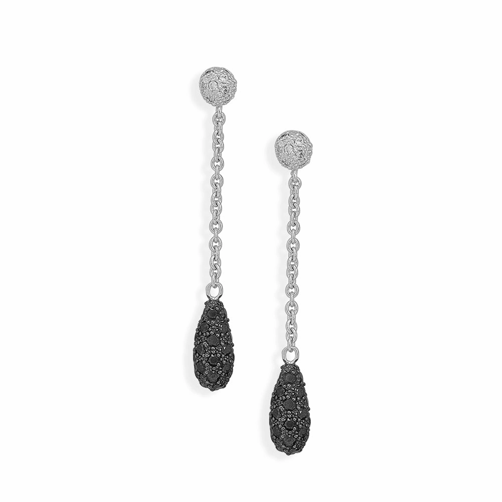 Petite Embellishment Brilliant Appearance Black Cubic Zirconia with Clear CZ Pave Post Chain Earrings Sterling Silver