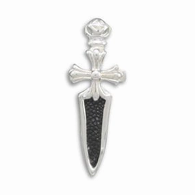 Love Token Bridal Adornment Black Stingray Leather and Silver Dagger Sword Cross Pendant