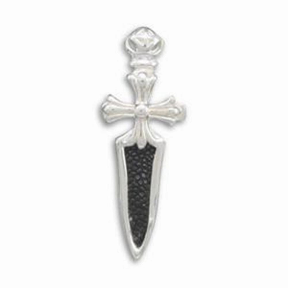 Love Token Bridal Adornment Black Stingray Leather and Silver Dagger Sword Cross Pendant