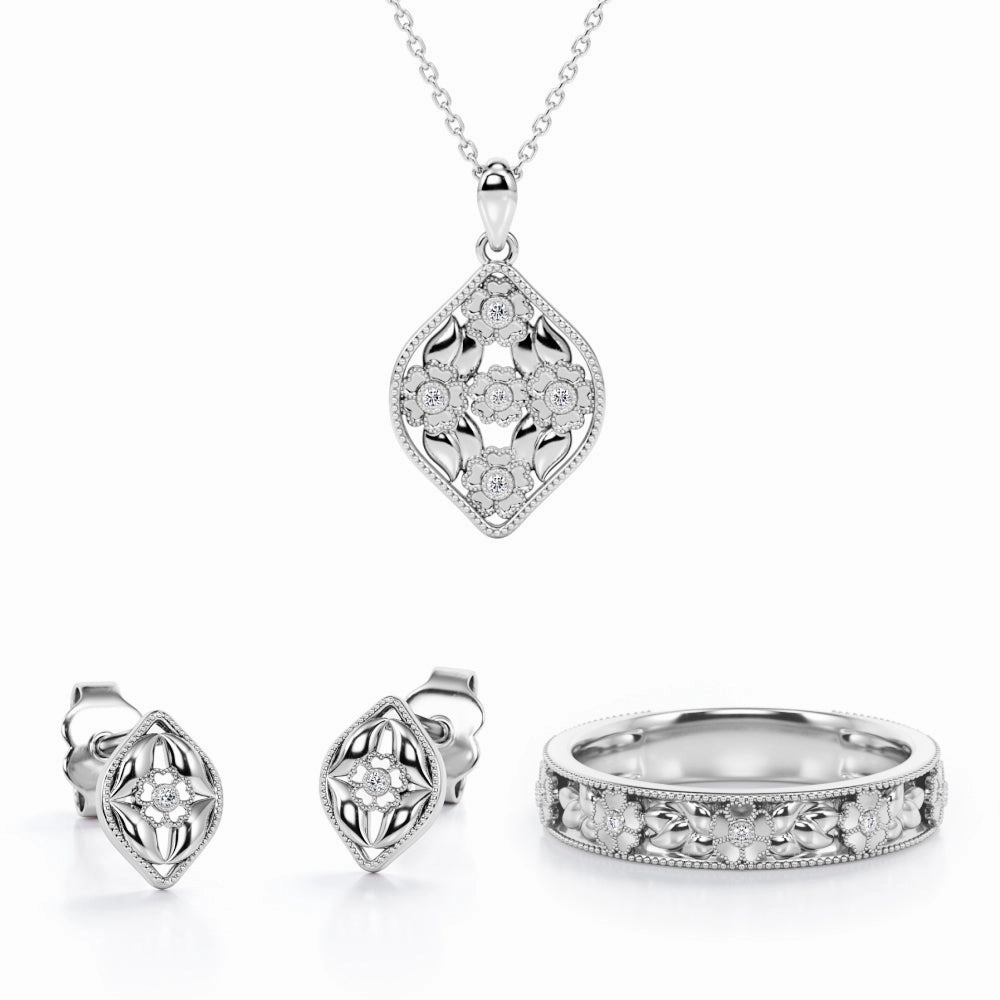 Creative Creation Renaissance Art Blossom Milgrain Design Jewelry Set 0.05 TCW Diamond with Pendant, Earrings & Ring