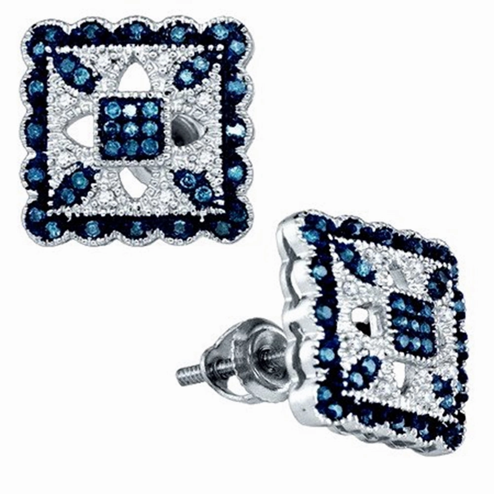 Blue and White Diamond Stud Earrings 10k White Gold - Total of 90 Diamonds High-Quality Feature Contemporary Essential
