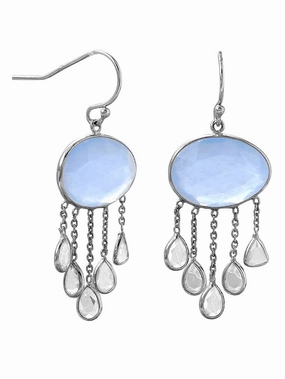 Blue Chalcedony and White Topaz Dangle Earrings Rhodium on Sterling Silver Brilliant Detail Lightweight Choice