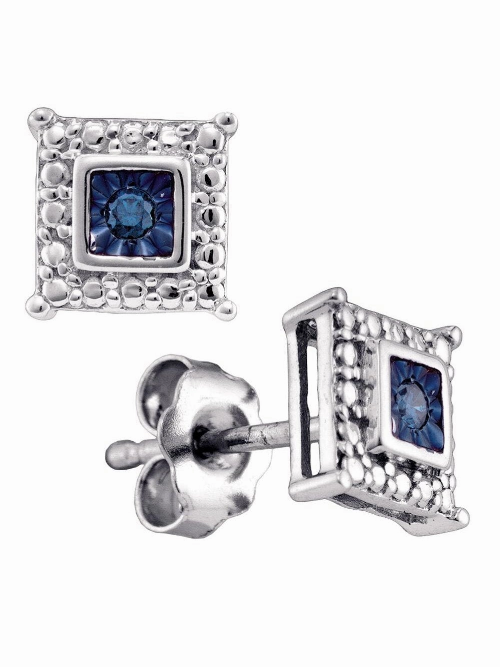 Blue Diamond Stud Earrings 1/20 ctw 7mm Rhodium on Sterling Silver Square Embellishment Beautiful Essential