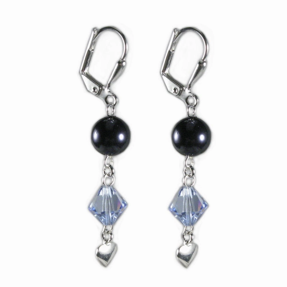 Stunning Design Simple Ornament Blue Swarovski(R) Crystals and Imitation Pearl Earrings Lever Backs Heart Charm