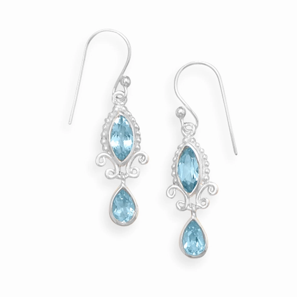 Blue Topaz Earrings Marquise and Pear Shape with Bead and Scroll Fancy Setting Classic Finish Polished Creation