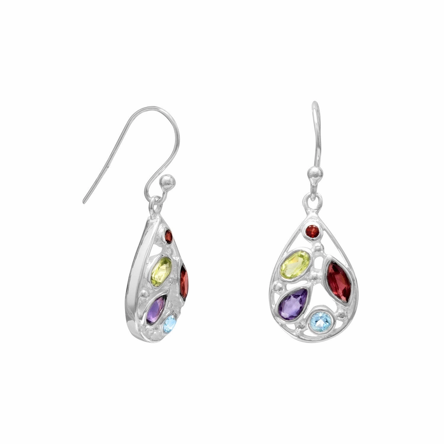 Radiant Design Blue Topaz, Garnet, Peridot, Amethyst Multistone Earrings Sterling Silver