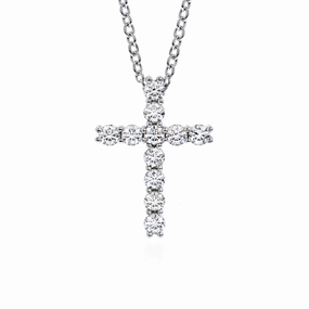 Hearts On Fire 18K White Gold Round Shape Diamonds Cross Pendant with a 18K White Gold Necklace (.16ctw) Silken Touch