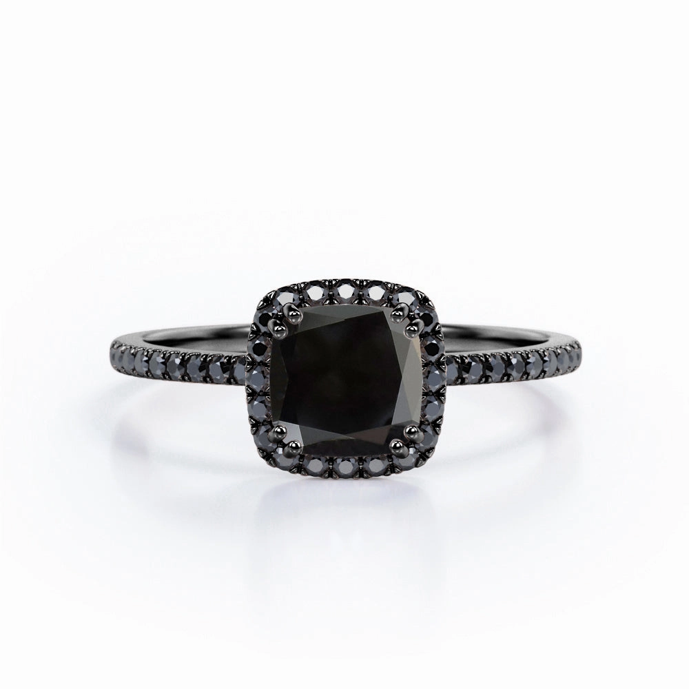 Modern Keepsake 1.5 ct Cushion Lab Black Diamond Halo Engagement Ring