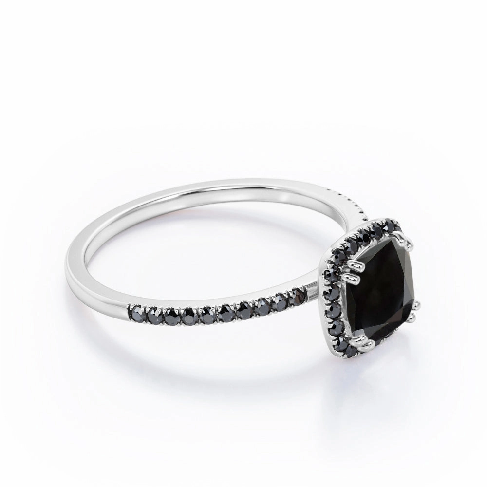 Premium item 1.5 ct Cushion Lab Black Diamond Halo Engagement Ring