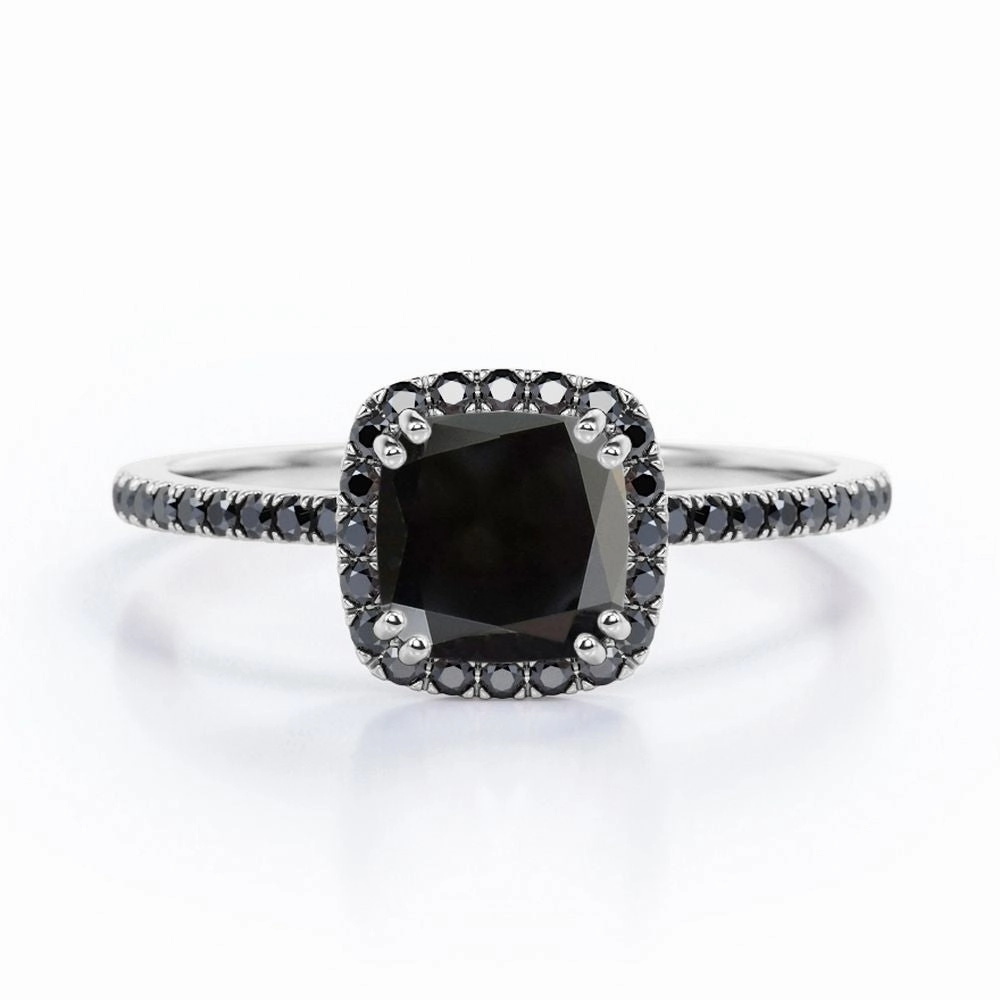 1.5 ct Cushion Lab Black Diamond Halo Engagement Ring Elegant Jewelry Pure Form