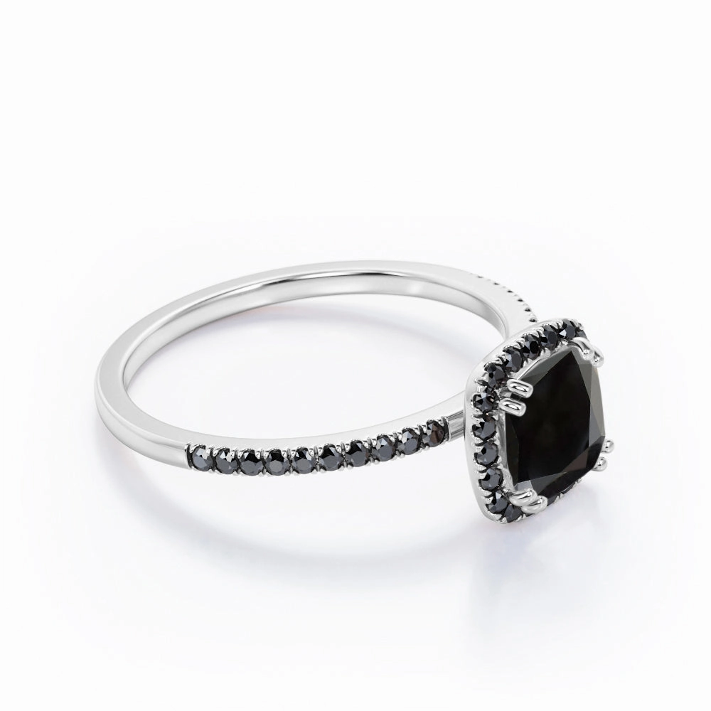 Sentimental Accessory 1.5 ct Cushion Lab Black Diamond Halo Engagement Ring