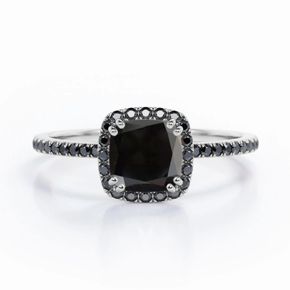 Engagement Gift Refined Motion 1.5 ct Cushion Lab Black Diamond Halo Engagement Ring
